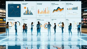 Group of analysts discussing & analyzing predictive analytics dashboards in a high-tech forecasting room.