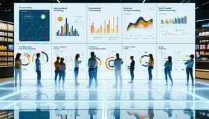 Retail demand planners stand in front of a high-tech dashboard looking at various forecasting models. 