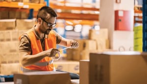 An associate in a warehouse packages up a shipment.