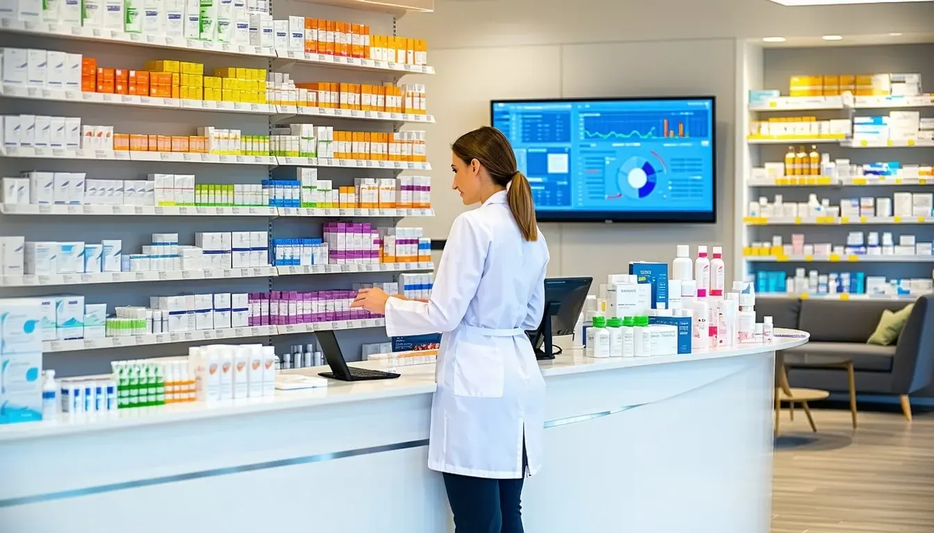 The image depicts a modern pharmacy interior with bright wellorganized shelves filled with colorful medicine packages and health products A pharmacist dressed in a crisp white coat is attentively assisting a custo